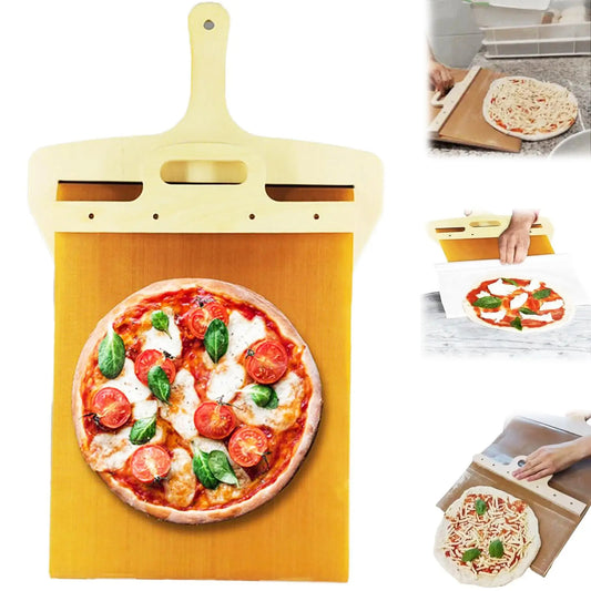 Sliding pizza shovel with non-stick board